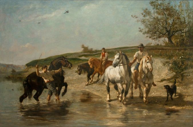 Жюль Жак Вейрасса (1828-1895) Купание лошадей. 1880-90-е гг - фото - 1
